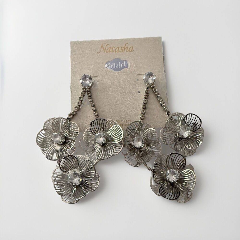 Natasha Flower Statement Earrings Crystal Rhinestone Dangle Drop Silver Tone NEW